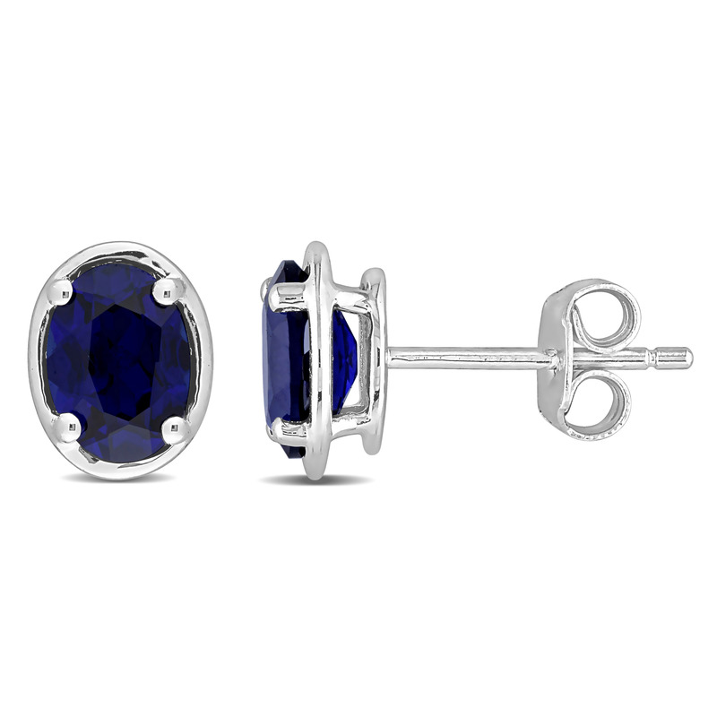2 1/2 CT TGW Created Sapphire Bezel Style Oval Stud Earrings in Sterling Silver