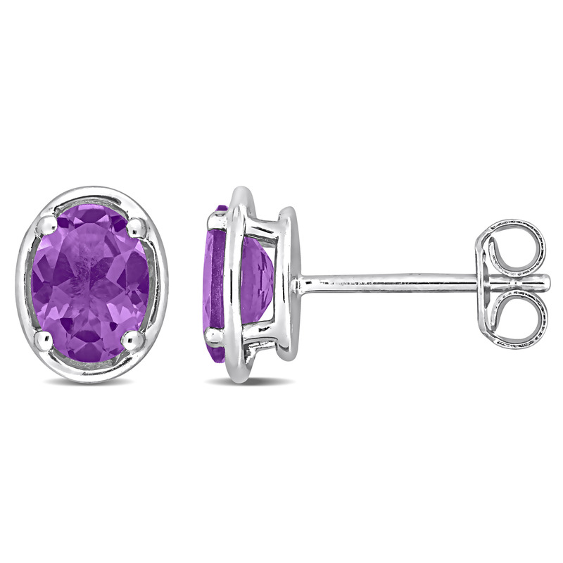 1 3/8 CT TGW Amethyst Bezel Style Oval Stud Earrings in Sterling Silver