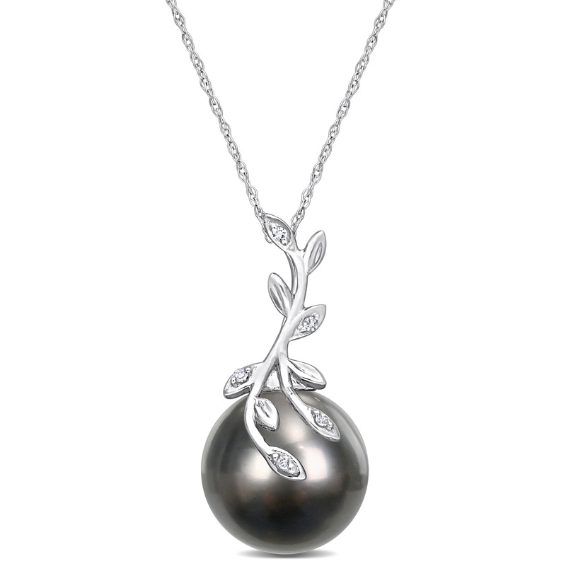 12-12.5 MM Black Tahitian Cultured Pearl and Diamond Accent Leaf Design Pendant with Chain in 14k White Gold - 17 in.