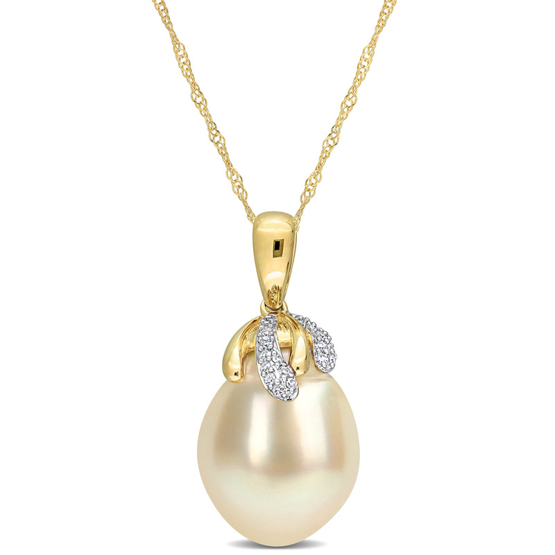 9-10 MM Drop South Sea Cultured and Diamond Accent Pendant with Chain in 14k Yellow Gold - 17 in.