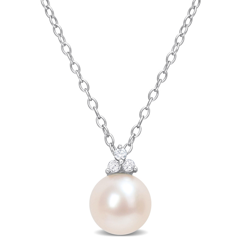 8-8.5 MM Freshwater Cultured Pearl and Diamond Accent Pearl Pendant with Chain in Sterling Silver