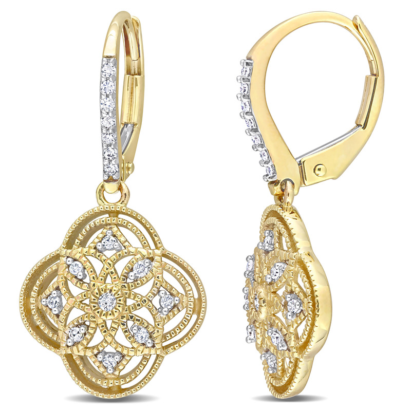 1/6 CT TDW Diamond Lace Floral Leverback Earrings in 10k Yellow Gold