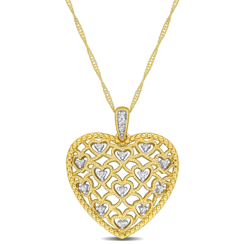 1/10 CT TDW Diamond Lace Heart Pendant with Chain in 10k Yellow Gold