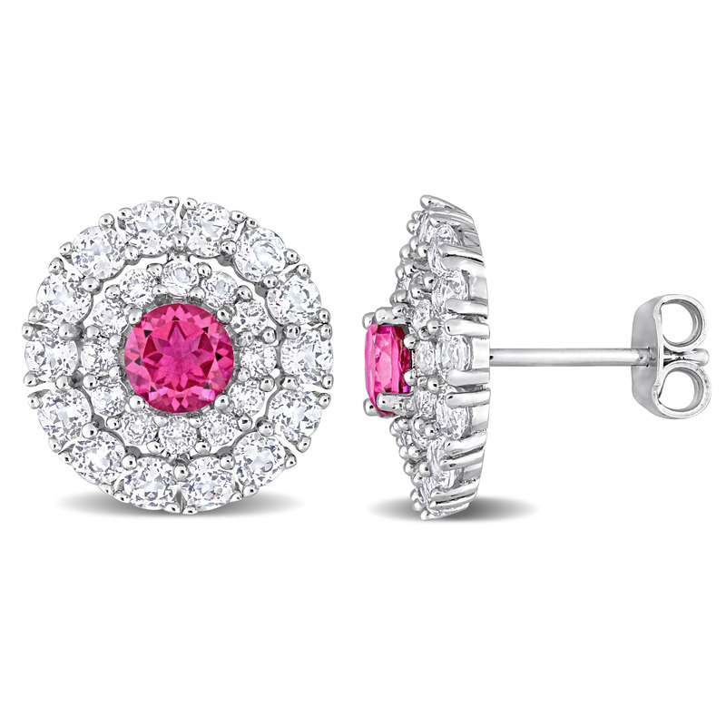 4 3/8 CT TGW Pink Topaz and White Topaz Double Halo Stud Earrings in Sterling Silver