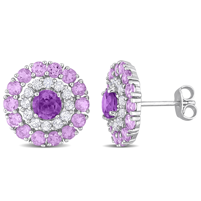 3 1/2 CT TGW Amethyst, African Amethyst and White Topaz Double Halo Stud Earrings in Sterling Silver