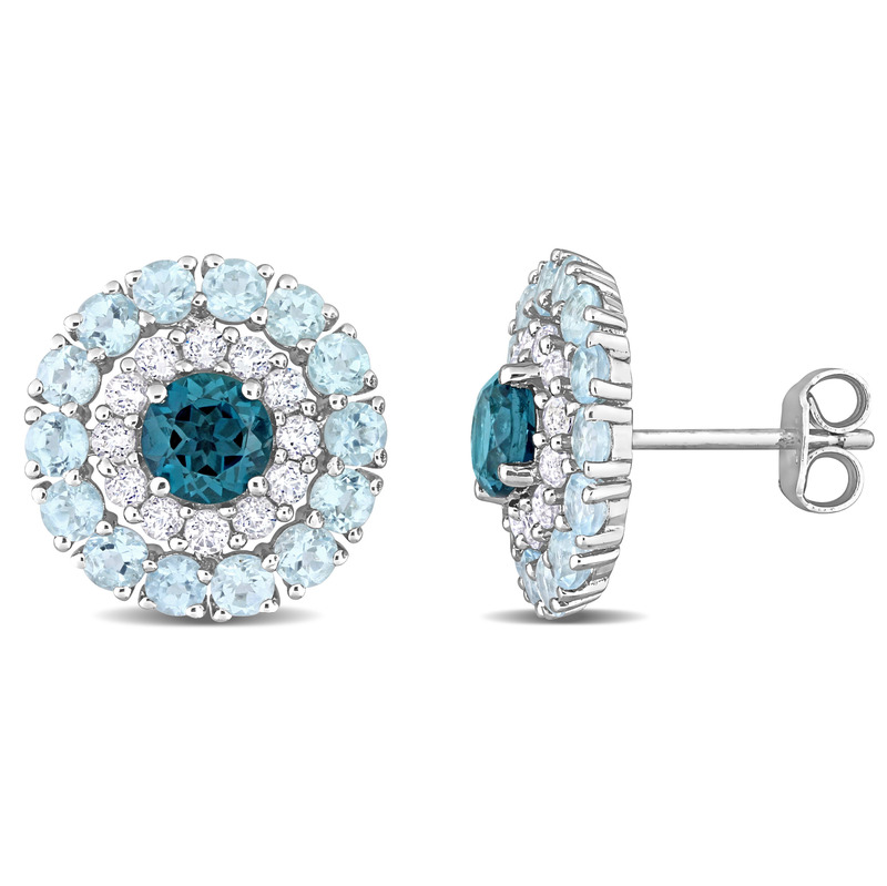 4 1/3 CT TGW London Blue Topaz, Sky Blue Topaz and White Topaz Double Halo Stud Earrings in Sterling Silver