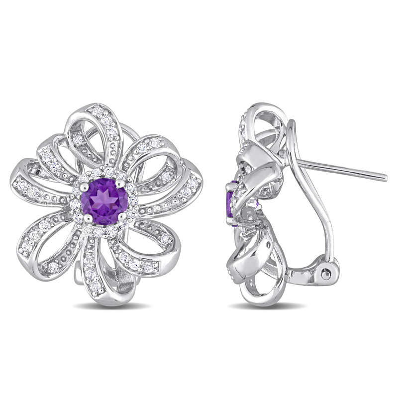 1 5/8 CT TGW African Amethyst and White Topaz Floral Clip-Back Earrings in Sterling Silver
