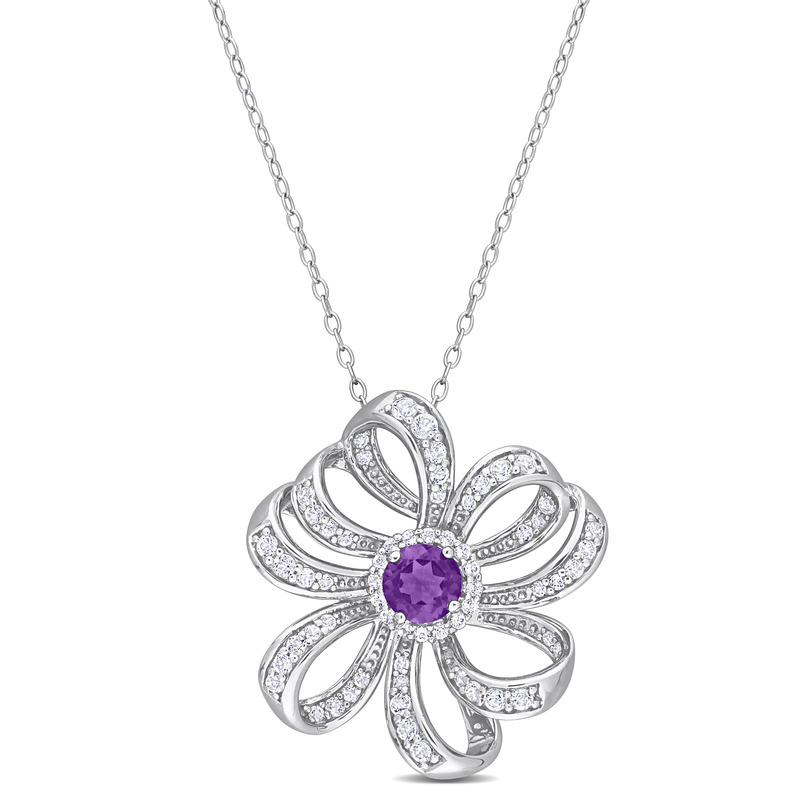 2 CT TGW African Amethyst and White Topaz Flower Pendant with Chain in Sterling Silver