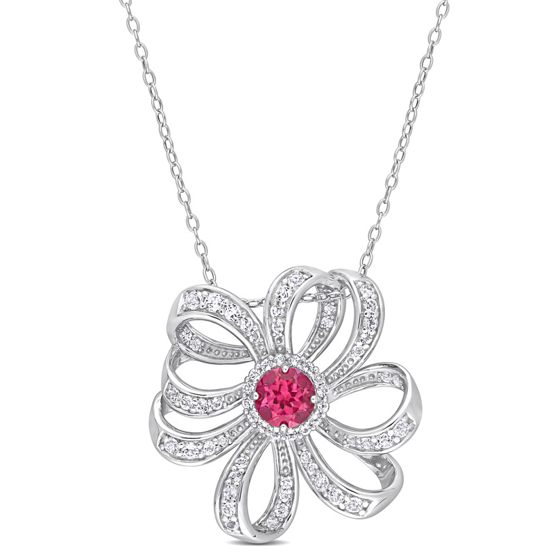 2 3/4 CT TGW Pink Topaz and White Topaz Flower Pendant with Chain in Sterling Silver - 20 in.