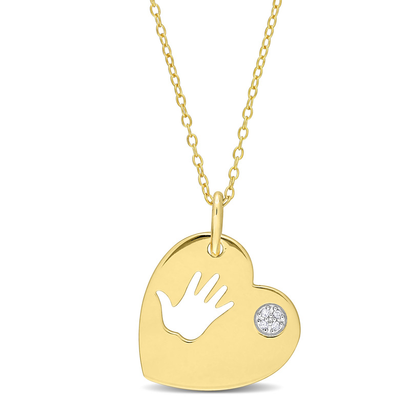 Diamond Accent Hand Heart Charm with Chain in Yellow Plated Sterling Silver