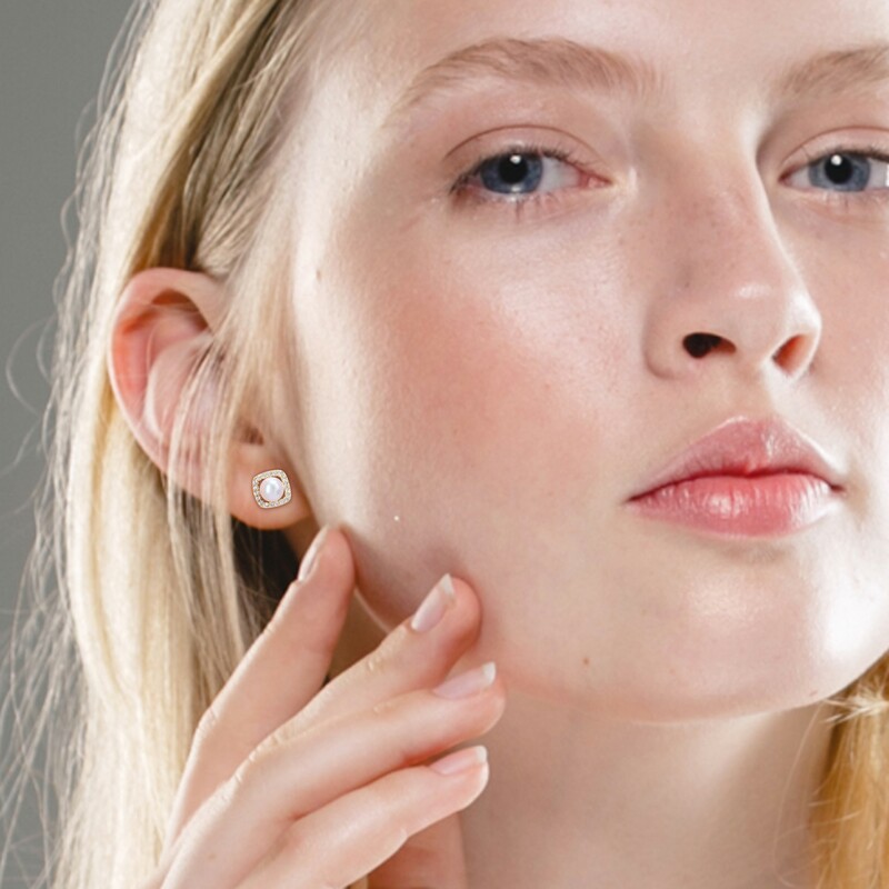 6 - 6.5 MM Cultured Freshwater Pearl and 3/8 CT TGW Created White Sapphire Halo Earrings in 10k Yellow Gold