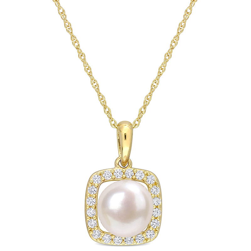 7 - 7.5 MM White Freshwater Cultured Pearl & 1/5 CT TGW Created White Sapphire 17 Necklace in 10k Yellow Gold