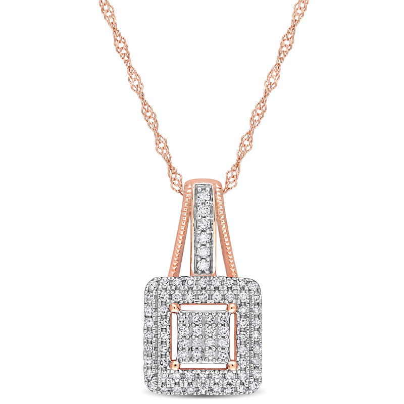 1/4 CT TDW Diamond Double Halo Square Cluster Pendant with Chain in 10k Rose Gold