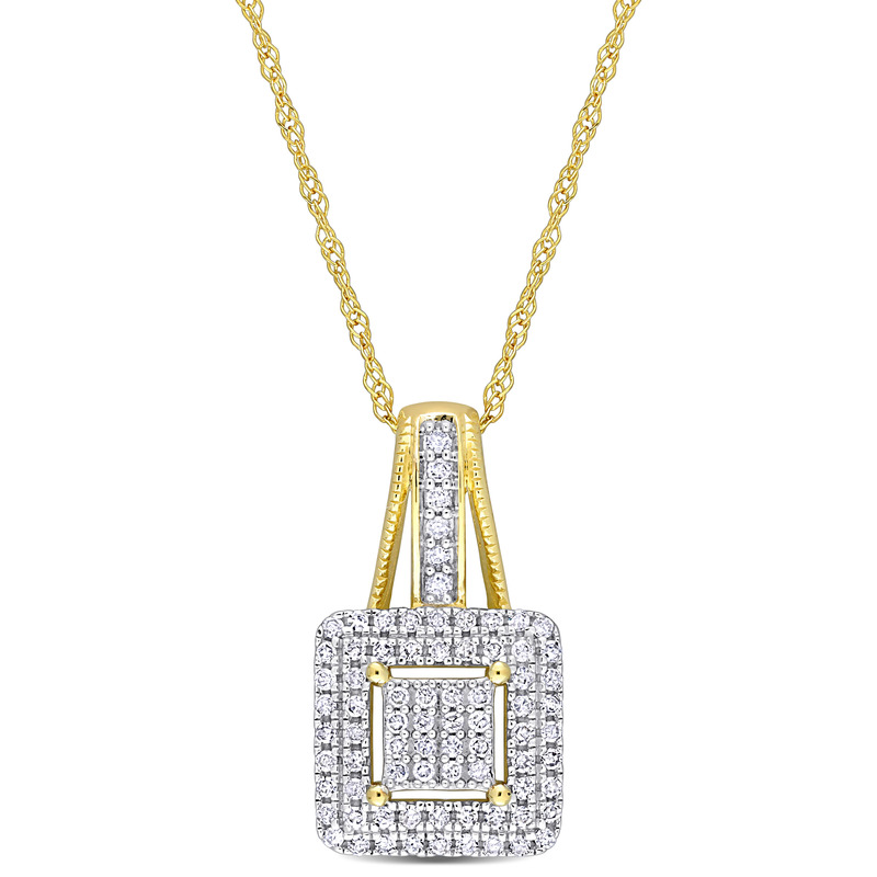 1/4 CT TDW Diamond Double Halo Square Cluster Pendant with Chain in 10k Yellow Gold