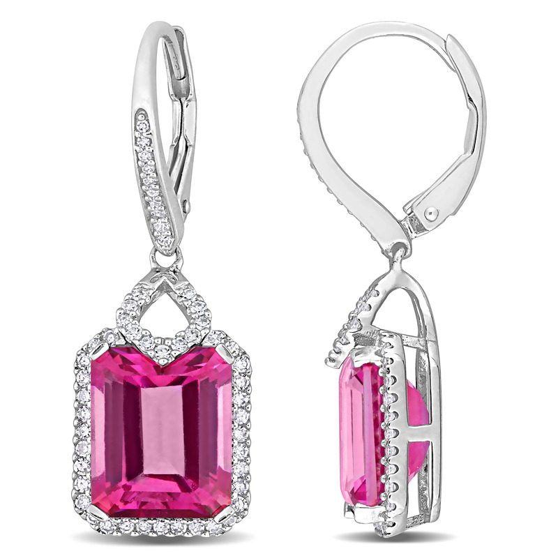 11 1/7 CT TGW Pink Topaz and 1/2 CT TW Diamond Halo Leverback Earrings in Sterling Silver