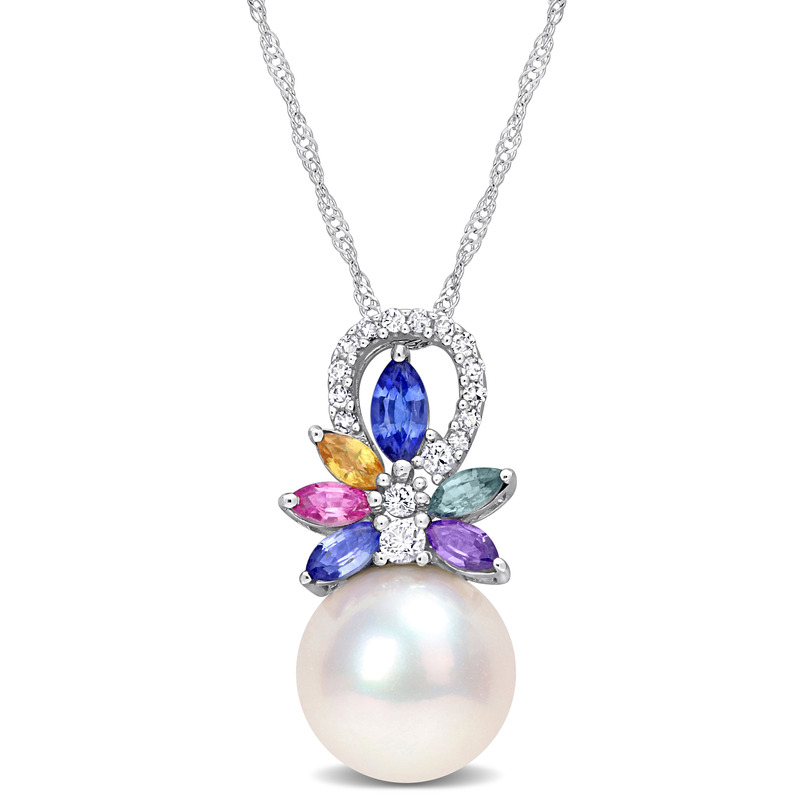 9.5-10 MM Cultured Freshwater Pearl and 4/5 CT TGW Multi Sapphire (Light Blue, White, Yellow, Pink, Purple & Green) and Diamond Accent Flower Pendant with Chain in 14k White Gold