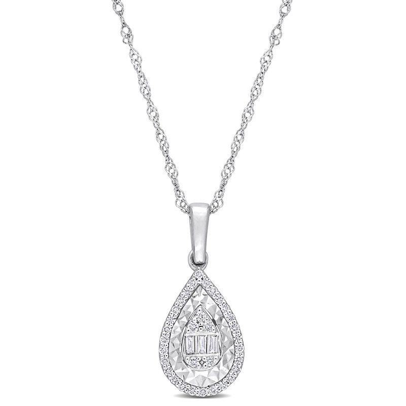 1/6 CT TW Round and Parallel Baguette-Cut Diamond Teardrop Halo Pendant with Chain in 14k White Gold - 17 in.