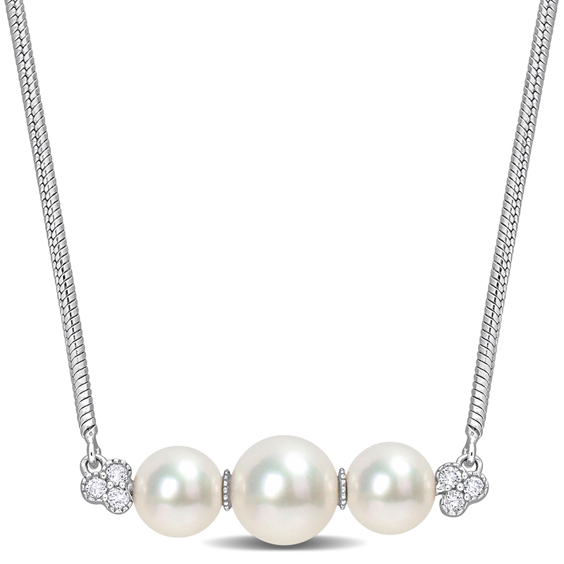 Freshwater Cultured Pearl and 1/5 CT TGW White Topaz Bar Necklace in Sterling Silver