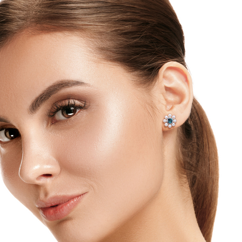 3.5-4 MM Freshwater Cultured Pearl and 1 1/8 CT TGW London Blue Topaz Floral Stud Earrings in 10k White Gold