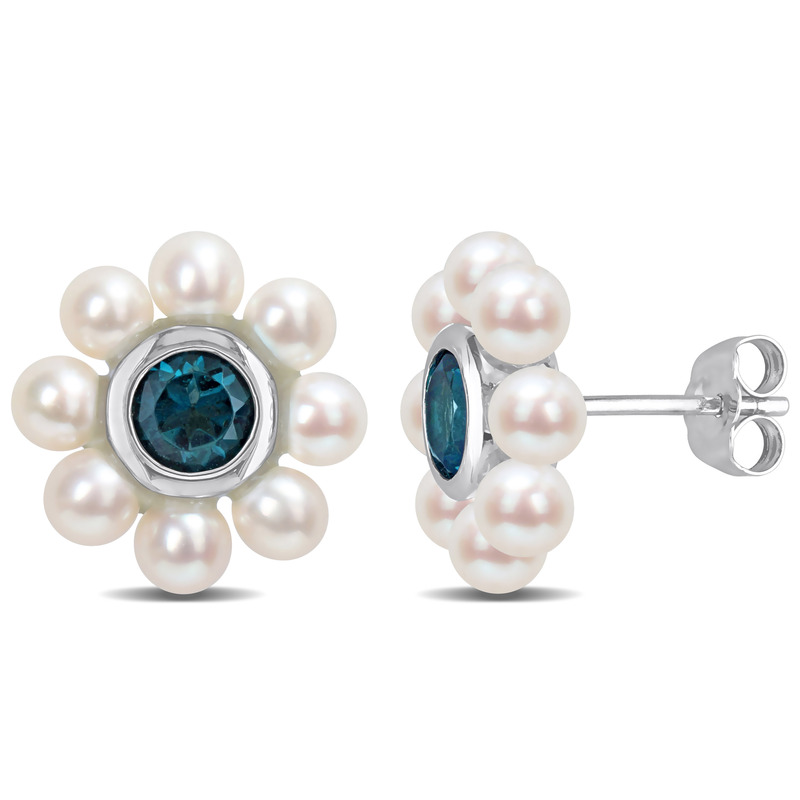3.5-4 MM Freshwater Cultured Pearl and 1 1/8 CT TGW London Blue Topaz Floral Stud Earrings in 10k White Gold