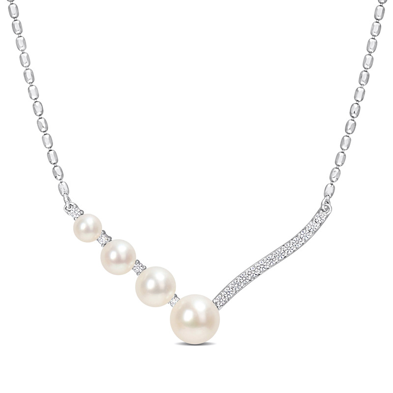 Freshwater Cultured Pearl and 1/3 CT TGW Created White Sapphire Necklace in Sterling Silver