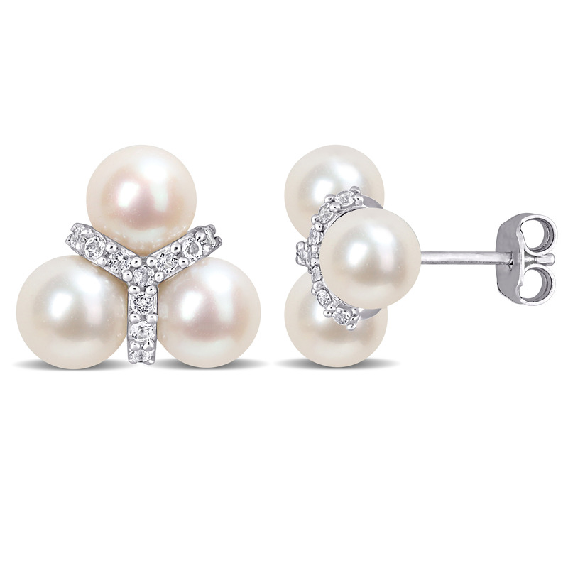 6 - 6.5 MM Freshwater Cultured Pearl and 1/5 CT TGW White Topaz Floral Stud Earrings in Sterling Silver