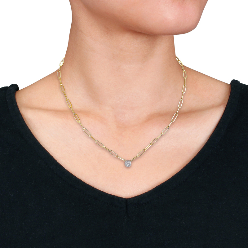 1/4 CT TW Diamond Cluster Pendant in 14k White Gold on a 3.3mm Polished Paperclip Chain in 14k Yellow Gold - 16 in