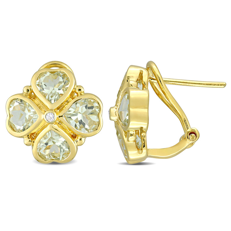 3 1/4 CT TGW Green Quartz Floral Clipback Earrings in Yellow Plated Sterling Silver