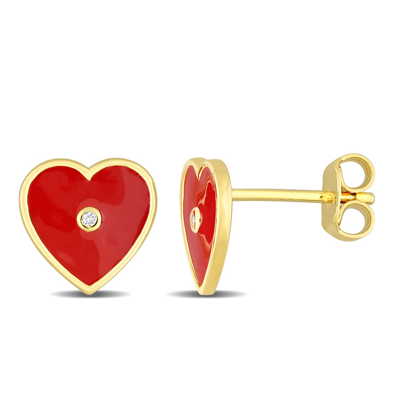 Created White Sapphire Heart Enamel Heart Earrings in Yellow Plated Sterling Silver
