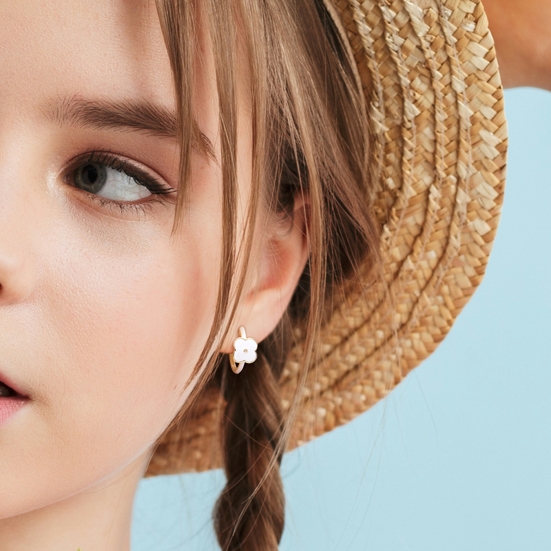 Created White Sapphire Floral White Enamel Hoop Earrings in Yellow Plated Sterling Silver