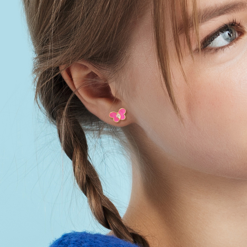 1/4 CT TGW Created White Sapphire Butterfly Pink Enamel Stud Earrings in Yellow Plated Sterling Silver