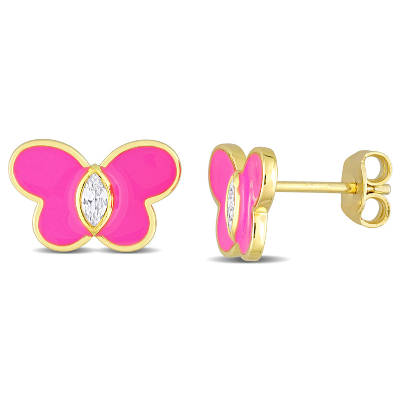 1/4 CT TGW Created White Sapphire Butterfly Pink Enamel Stud Earrings in Yellow Plated Sterling Silver