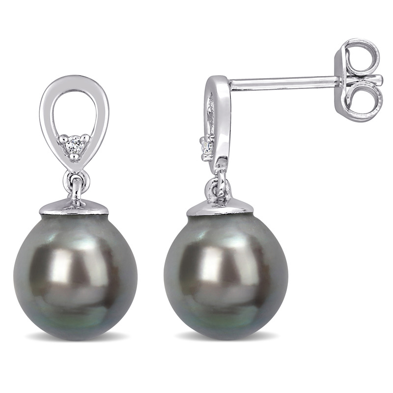 8-9 MM Black Tahitian Cultured Pearl and White Topaz Drop Earrings in Sterling Silver