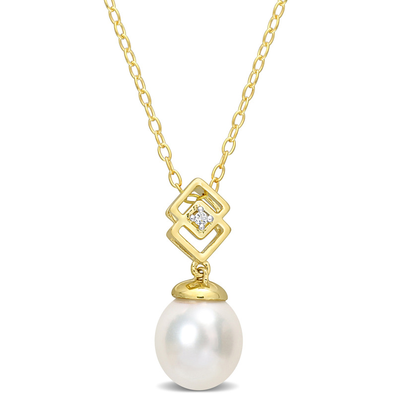8-9 MM South Sea Cultured Pearl and White Topaz Drop Pendant with Chain in Yellow Plated Sterling Silver - 18 in.