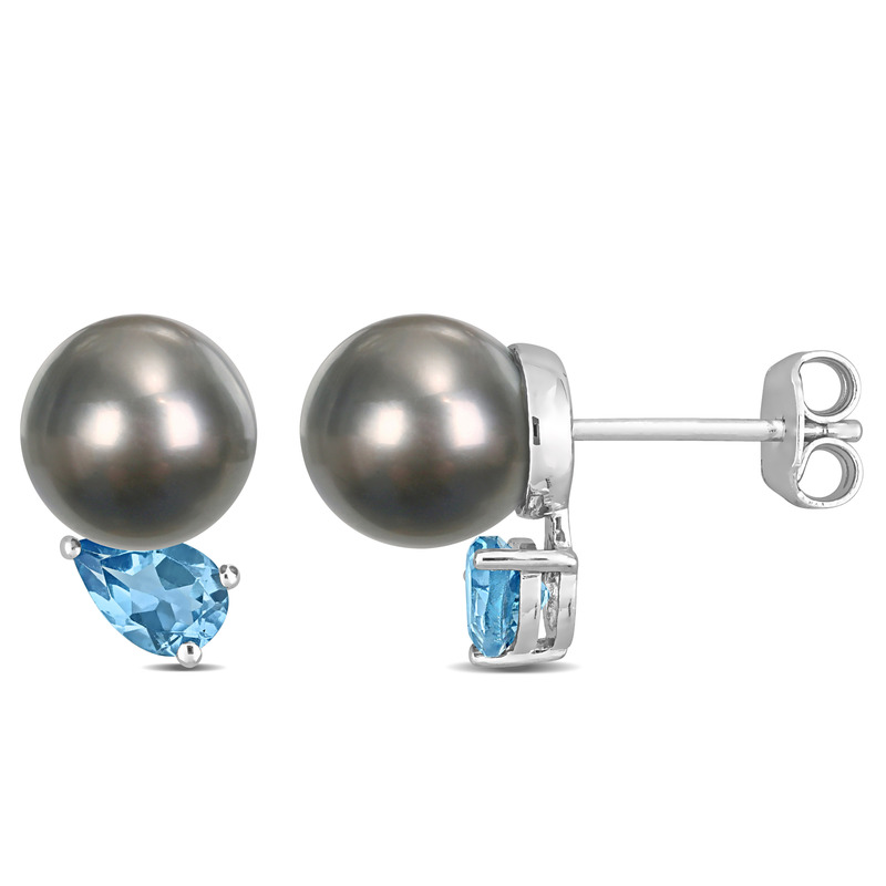 8-9 MM Black Tahitian Cultured Pearl and 1 CT TGW Swiss Blue Topaz Stud Earrings in Sterling Silver