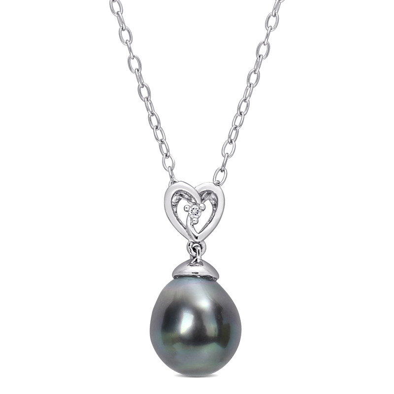 8-9 MM Black Tahitian Cultured Pearl and White Topaz Heart Drop Pendant with Chain in Sterling Silver - 18 in.