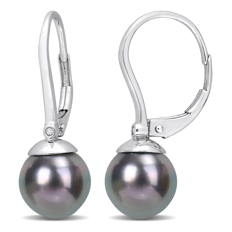 8-8.5 MM Black Tahitian Cultured Pearl & Diamond Accent Leverback Earrings in 14k White Gold