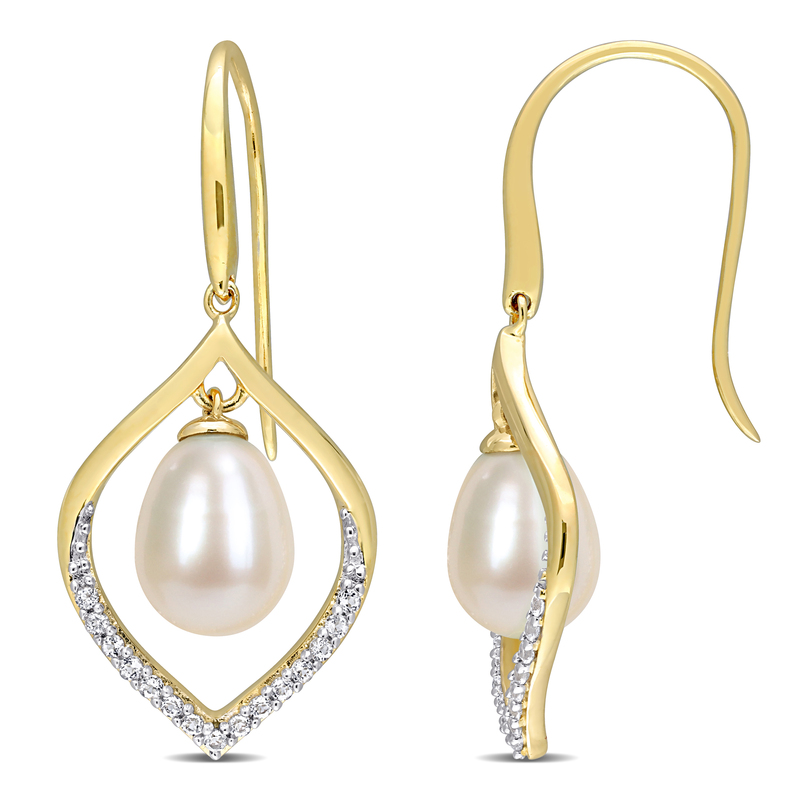 8-8.5 MM Freshwater Cultured Pearl and 1/3 CT TGW White Topaz Open Hook Earrings in Yellow Plated Sterling Silver 8-8.5 MM Freshwater Cultured Pearl and 1/3 CT TGW White Topaz Open Hook Earrings in Yellow Plated Sterling Silver