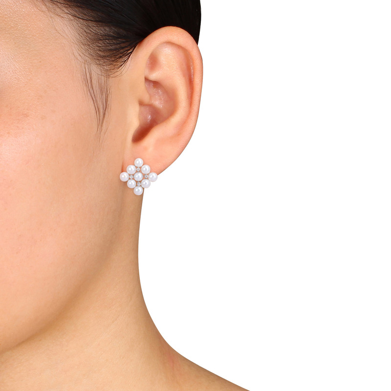 4 - 4.5 MM Cultured Freshwater Pearl and Diamond Accent Stud Earrings in Sterling Silver