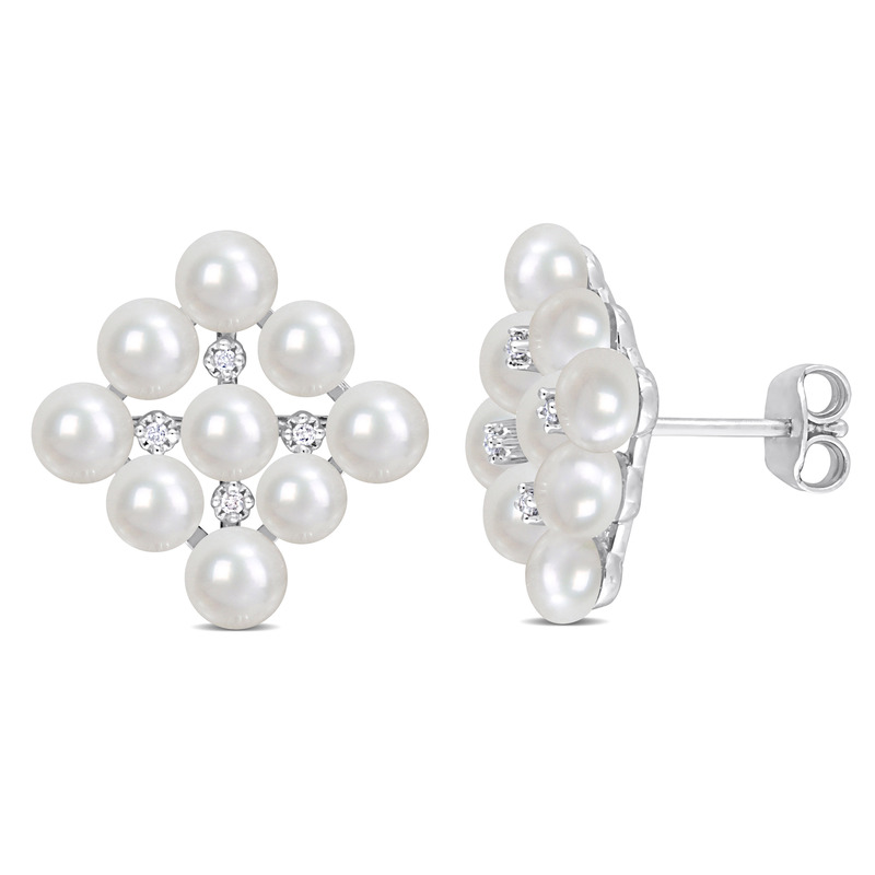 4 - 4.5 MM Cultured Freshwater Pearl and Diamond Accent Stud Earrings in Sterling Silver