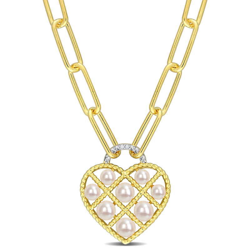 Freshwater Cultured Pearl & Diamond Accent Heart Oval Link Chain Necklace in Yellow Plated Sterling Silver