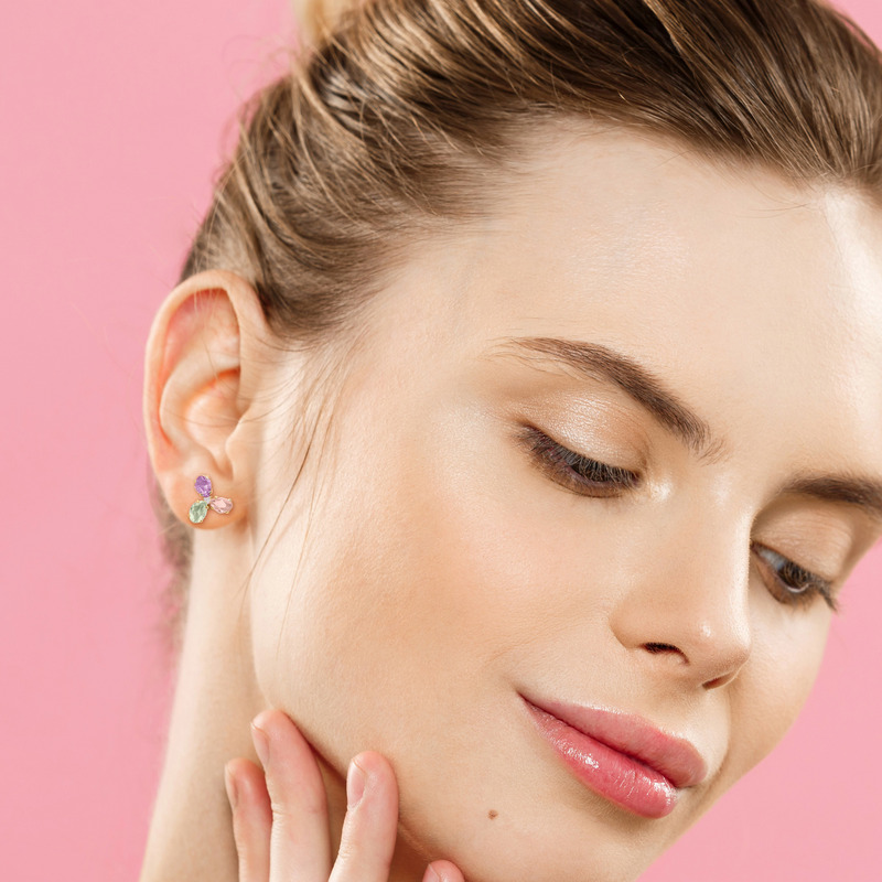 2 2/5 CT TGW Multi Color Sapphire and Diamond Accent 3-Stone Stud Earrings in 14k Yellow Gold