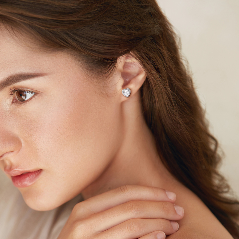 1/2 CT TW Heart and Round Diamonds Halo Stud Earrings in 14k White Gold