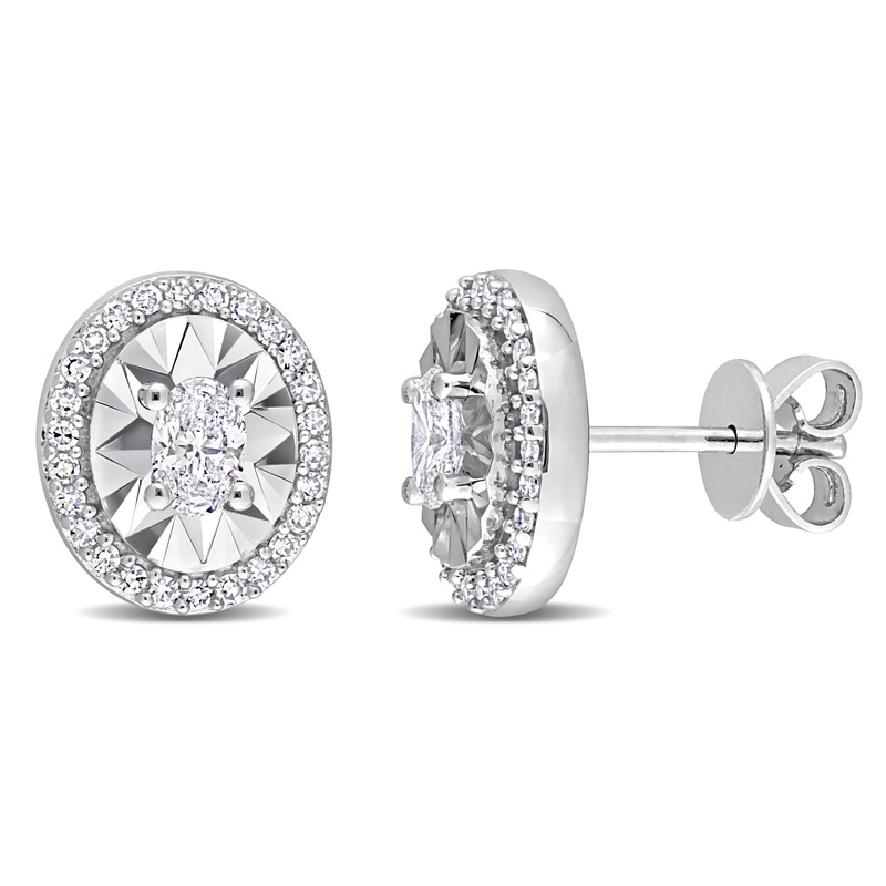1/2 CT TW Oval and Round Diamond Stud Earrings in 14k White Gold