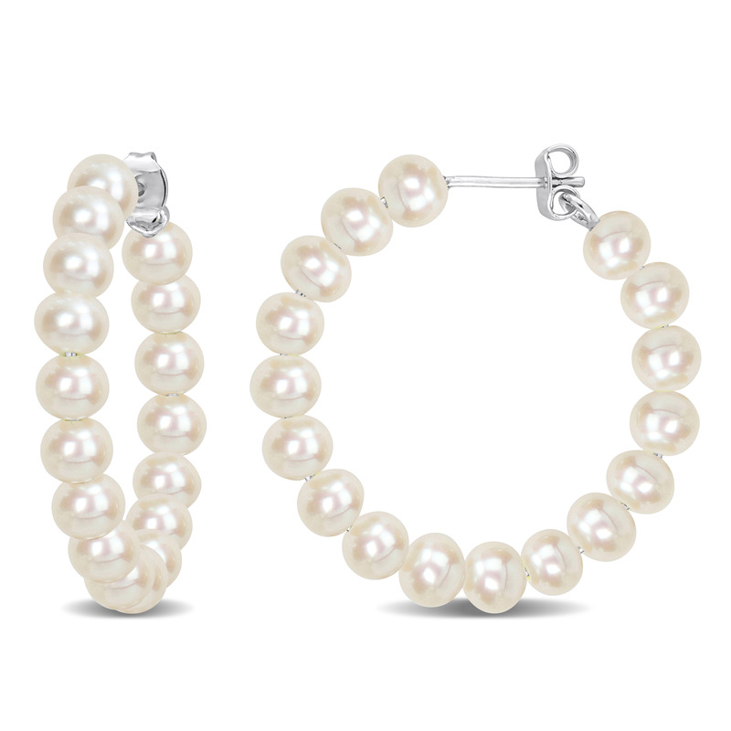 5-5.5 MM Freshwater Cultured Pearl Hoop Earrings in Sterling Silver 5-5.5 MM Freshwater Cultured Pearl Hoop Earrings in Sterling Silver