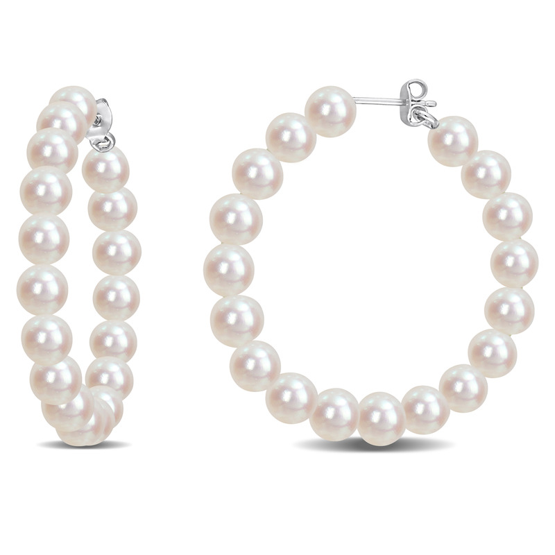 6-6.5 MM Freshwater Cultured Pearl Hoop Earrings in Sterling Silver