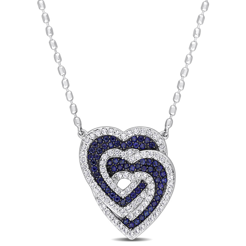 1 2/5 CT TGW Created Blue and Created White Sapphire Interlocking Hearts Pendant with Chain in Sterling Silver with Black Rhodium - 17 in.