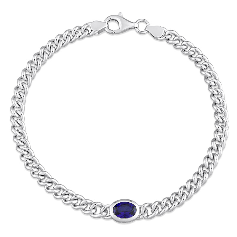 1 1/4 CT TGW Oval Created Blue Sapphire Curb Link Chain Bracelet in Sterling Silver