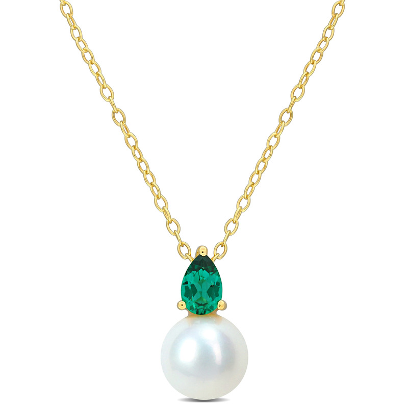 8.5-9mm Cultured Freshwater Pearl and 3/8ct TGW Created Emerald Pendant with Chain Yellow Plated Sterling Silver - 18 in
