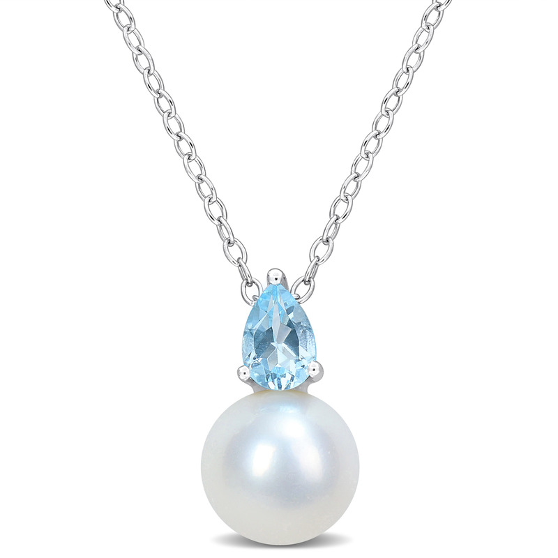 8.5-9mm Cultured Freshwater Pearl and 1/2ct TGW Blue Topaz-Sky Pendant with Chain Sterling Silver - 18 in